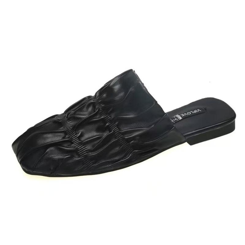 

Модные весенние новые сандалии-баотоу на плоской подошве для женщин, модные сандалии с квадратным носком, глубоким вырезом, складной мягкой подошвой, противоскользящие, износостойкие шлепанцы 40 чёрный