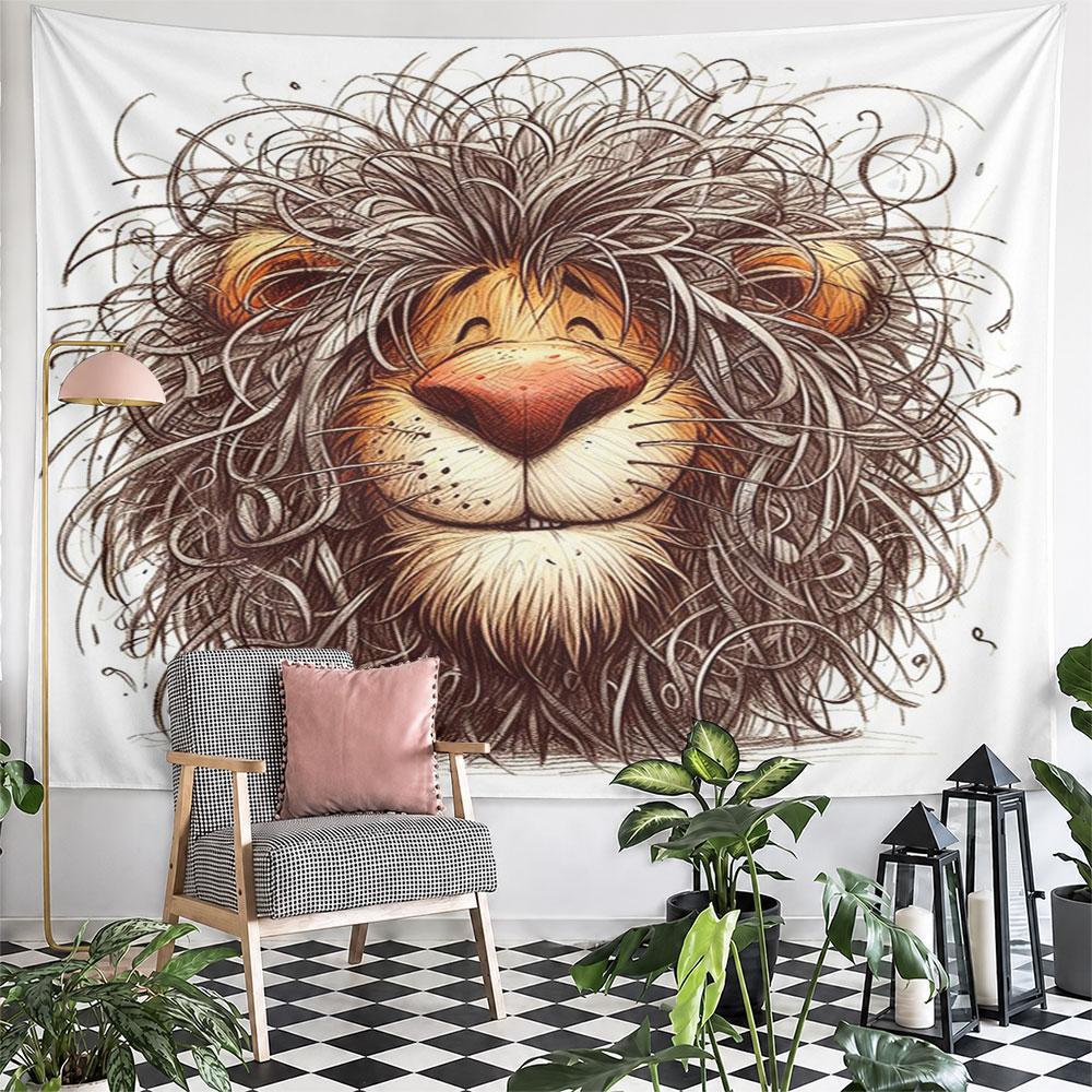 Tapestry da Parete Decorativa con Disegno di Leone Sorridente e Capelli Disordinati, Decorazione per la Casa per Camera da Letto e Soggiorno
