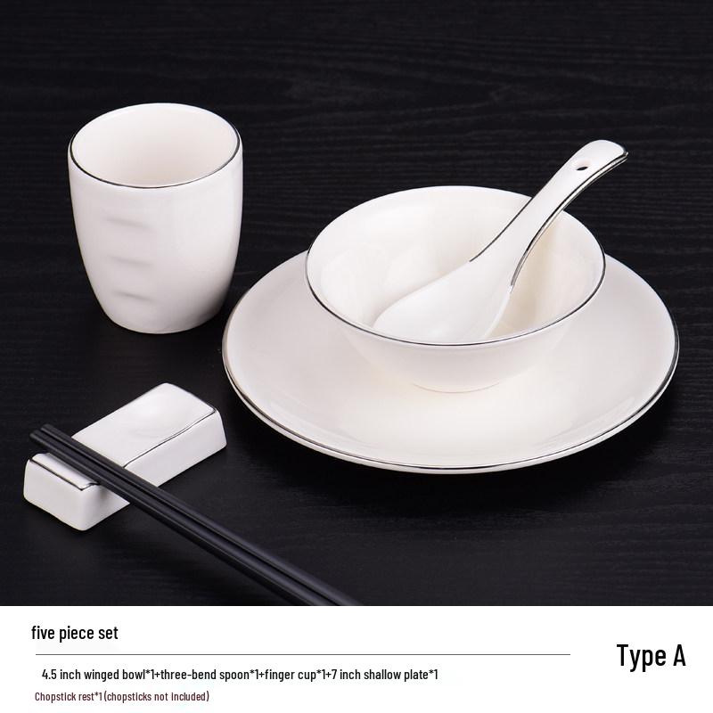 Elegant Ceramic Tableware Set: White with Platinum Rim - Includes Plates, Bowls, and Dishes for Restaurants or Clubhouses, Available in 3 or 4 Pieces