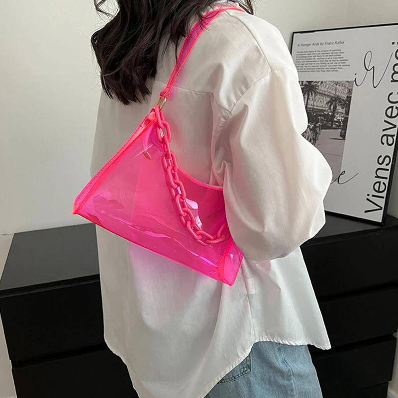 Ladies Jelly Bags Pvc Solid Color Clear Bag Underarm Bags Casual Women Summer Handbags Purse Cell Phone Shoulder Bag