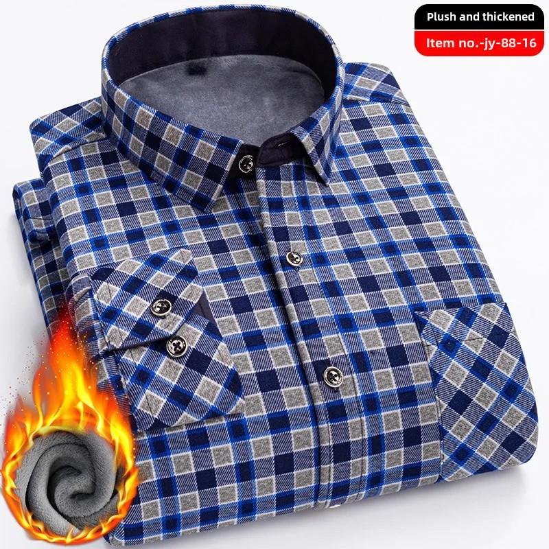 Thickened Flannel Men's Shirt Warm Plaid Winter Casual Square Collar Plus Size Clothing Fleece Lined Double Sided Velvet