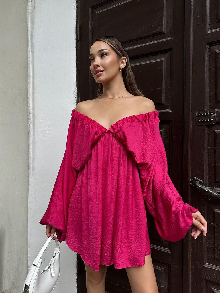 New V-Neck Long Sleeve Dress, Self-Designed Bubble Sleeve Maxi Dress