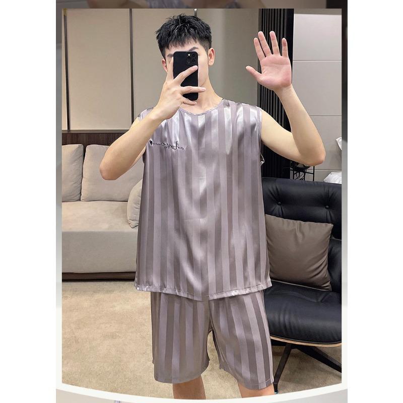 Men Ice Silk Pajamas Homewear Tops and Pants Youth Sleepwear Loungewear Two Piece Set Fashion Striped Casual Nightwear