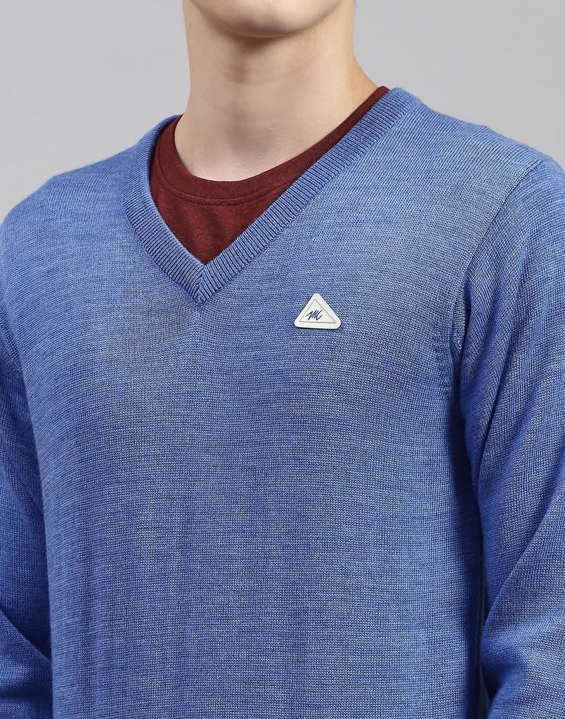 MONTE CARLO Mens Solid Blue V Neck Full Sleeve Pullover