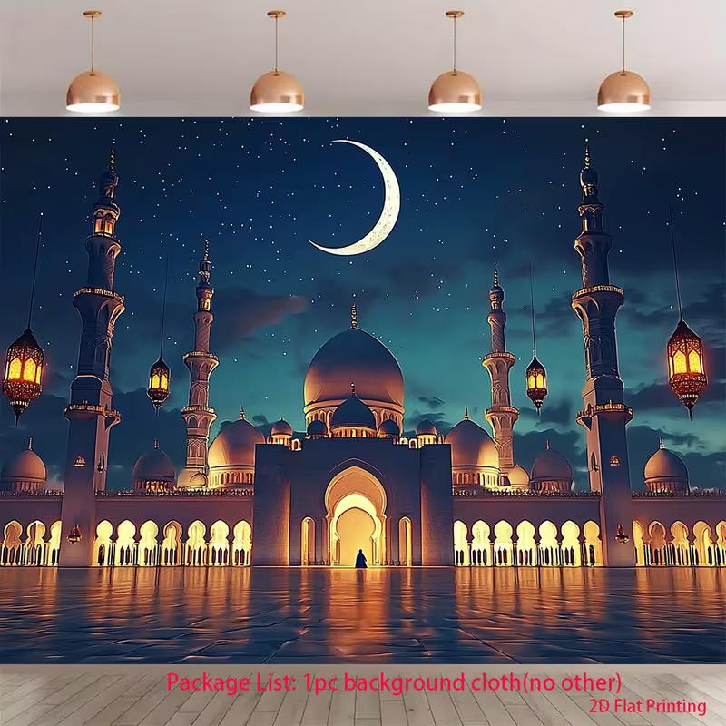 

2D Eid Mubarak Backdrop Islamic Mosque Night View with Golden Lights Background for Photoshoot 47.2x31.5inch/120*80cm