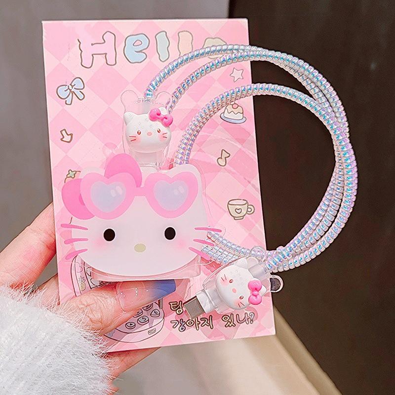 Hello Kitty Ochranný kryt na nabíjecí a datový kabel pro Apple iPhone 18/20W nabíjecí chránič proti zlomení, sada navíječů datového kabelu