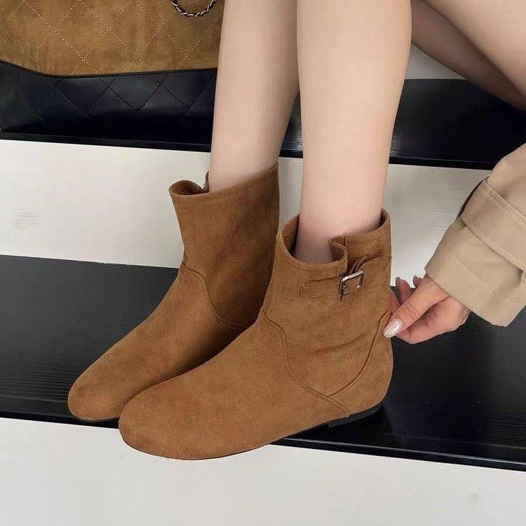 Cow suede retro interior height increasing versatile short boots for women's fashion fashion boots 2025 new round toe slim boots