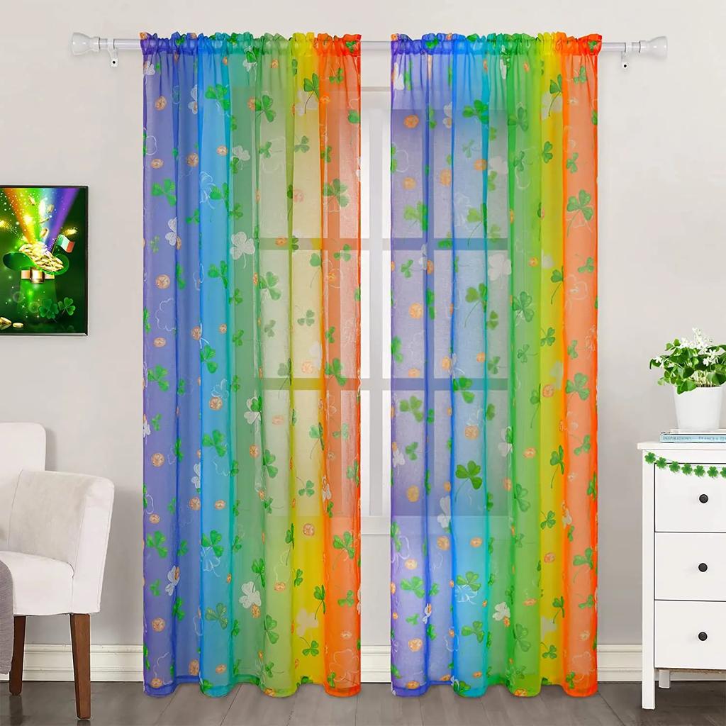 St Patrick Day Curtains Living Room Kitchen Clover Leaves Tulle Luck Wealth Irish Design Chiffon Curtain Light Filtering Polyester Area Window
