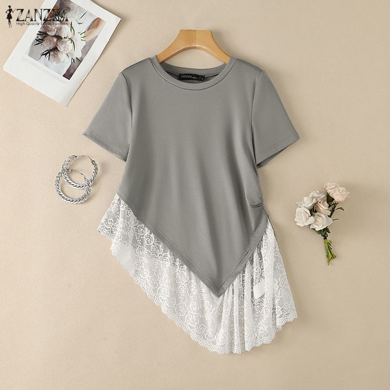 ZANZEA Women Casual Lace Splice Irregular Hem Summer Short Sleeve Blouse Tops