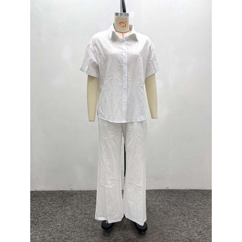 

Western Style New Fashion Casual Loose Short sleeve Shirts Wide Leg Pants Set Shirt and Pants Set White XXL