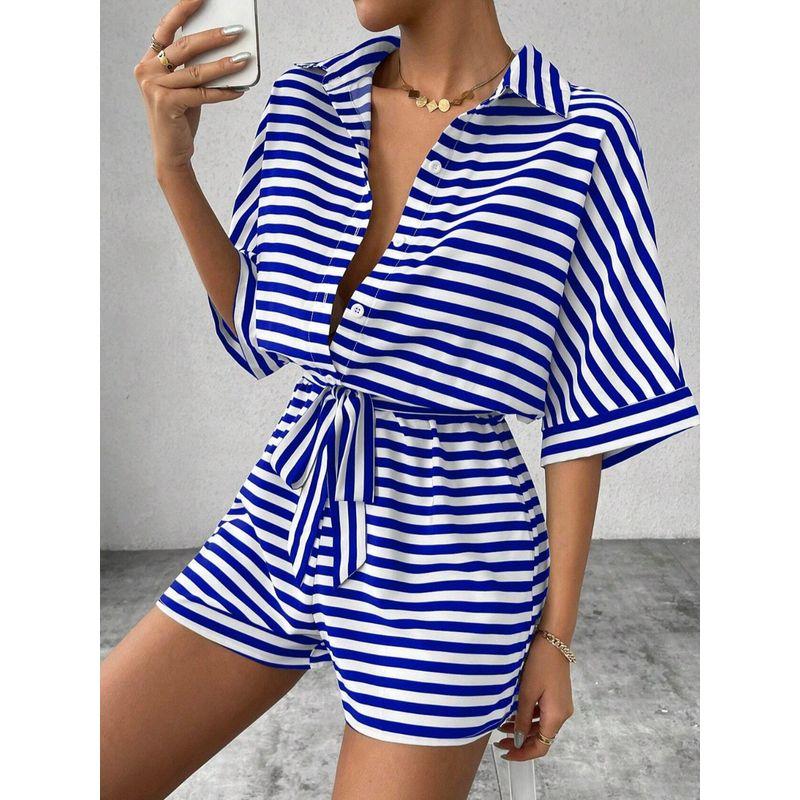 European and American Summer New Lapel Single-Breasted Stripe Print Loose Short Sleeve Wide Leg Jumpsuit Shorts Jumpsuit