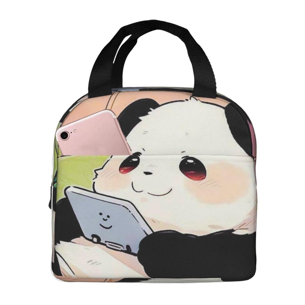 Cartoon Panda Playing With Mobile Phone Insulated Lunch Bag for Women Children Portable Food Boxes Thermal Lunch Box Tote