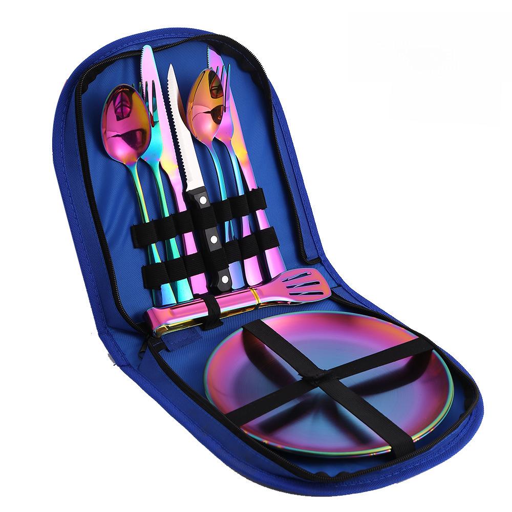 Set de tacâmuri de exterior din oțel inoxidabil cu cuțit, furculiță, lingură și pungă de pânză