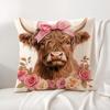 Hochlandrind und Blume Kissenbezug Natürlicher Leinen Bio-Stoff Beidseitiger Druck Sofa Heimdekor Geschenk Kissenbezug