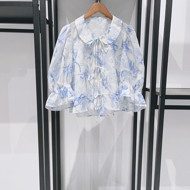 

French Single M Home 2025 Spring/Summer New Arrival Fashion National Style Blue Florals Shoelace Col Claudine Top Mid-Length Dress Set Female Top S