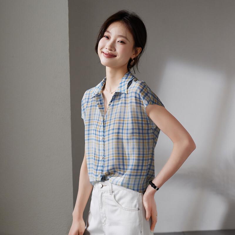 SOFSIL Women's Retro Plaid Silk Blouse
