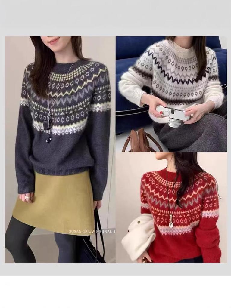 Retro Red Jacquard Knit Sweater - Korean Style Color Block Round Neck for Women