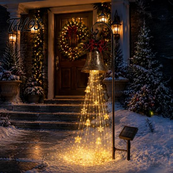 Decorative Lawn Bells for Christmas Solar Bell Waterfall Light, LED Metal Garden Stake with Red Ribbon, Powered Yard Accents Auto On/Off, Waterproof