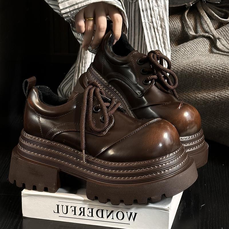 Fashionable Thick Soled Small Leather Shoes, Women's British Style Round Toe Lace Up Casual Small Height Increasing Loafers