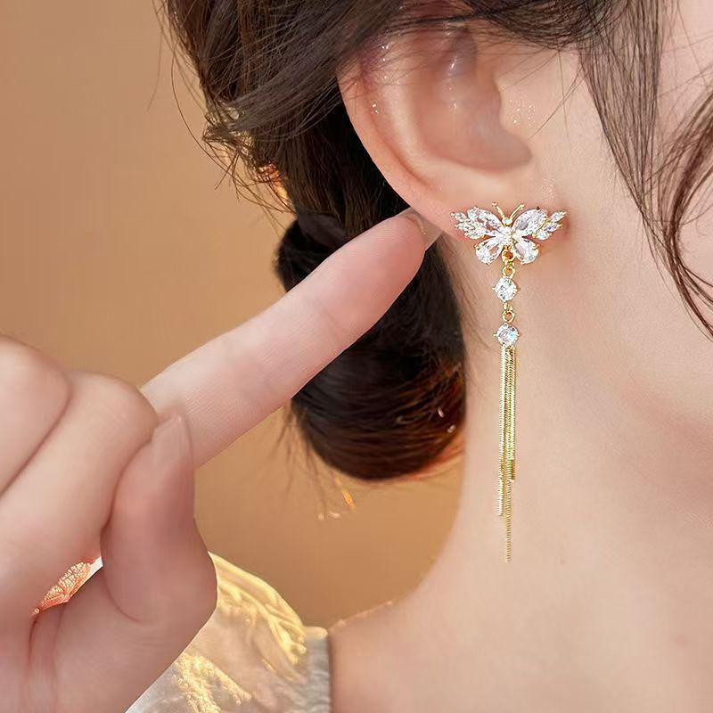 Gold-Tone Butterfly Tassel Earrings with Diamonds - 2025 Trendy Exquisite Fashion Jewelry for Women