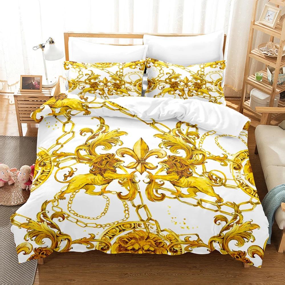 3D Print Gold Decorative Pattern Bedding Sets Skin Friendly Duvet Covers Comfortable And Lovely Suitable For All Ages