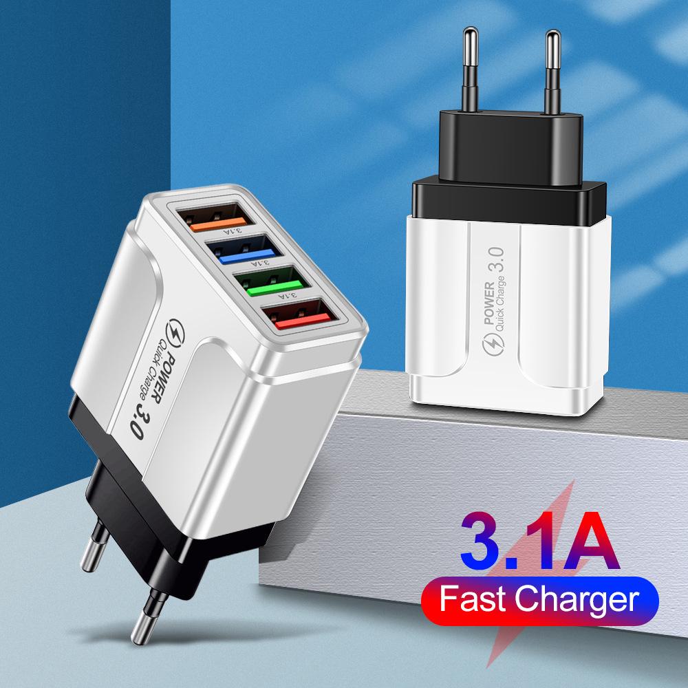 Multi-Standard 4-Port USB Charger: 3A Mobile & Tablet Travel Adapter