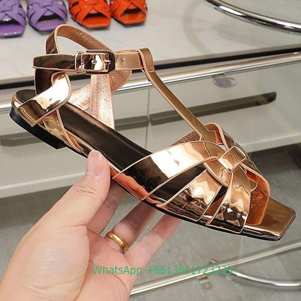 Fashion Women Cross Straps Square Toe Flat with Sandals Solid Color Open Toe Real Patent Leather Flat Sandales 2025 Newest Summer Sandal