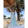 French Temperament Backless Seaside Vacation Style Blue Neck Sling Dress, Children's Waist and Thin New Long Dress