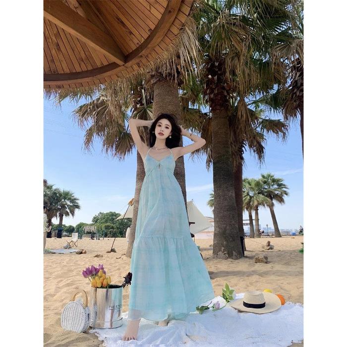 French Temperament Backless Seaside Vacation Style Blue Neck Sling Dress, Children's Waist and Thin New Long Dress