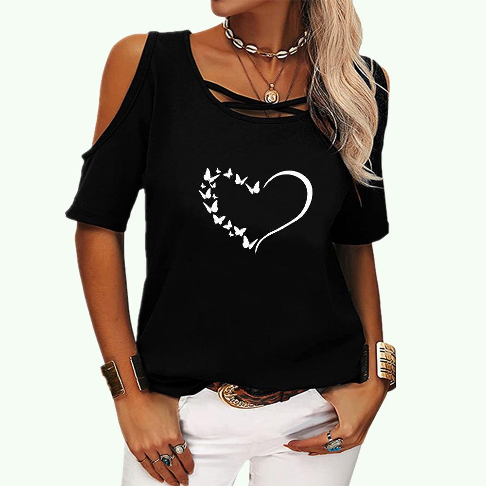 Women Casual Round Neck T-shirt Summer&fall Heart Shape Printed Short Sleeve Top Female Fashion Off Shoulder Tee Shirt