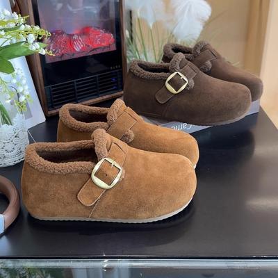 Cowhide Retro Snow Boots Women's Winter New Fluffy Shoes One Pedal Fleece Warm Leather Cotton Shoes