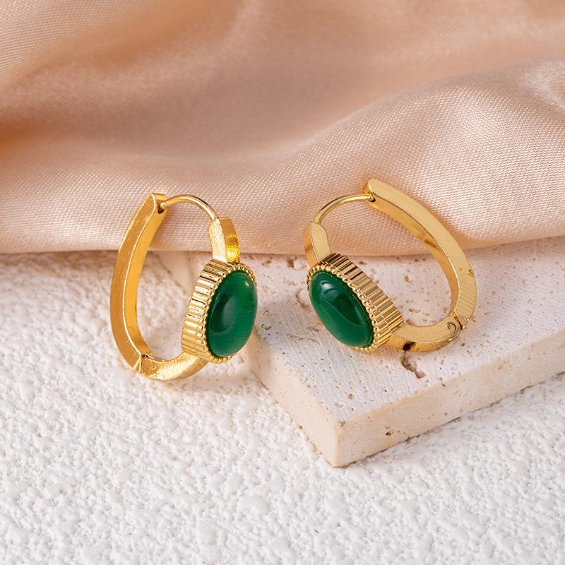 High-end Geometric Stainless Steel Stud Earrings with Imitation Blue Turquoise Cat's Eye