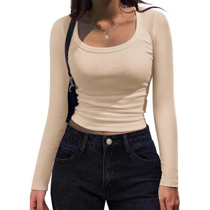 

YYFS Женская мода Повседневная весна-осень Однотонные принты Длинные рукава U-образный вырез Блузки и рубашки XXL абрикосовый