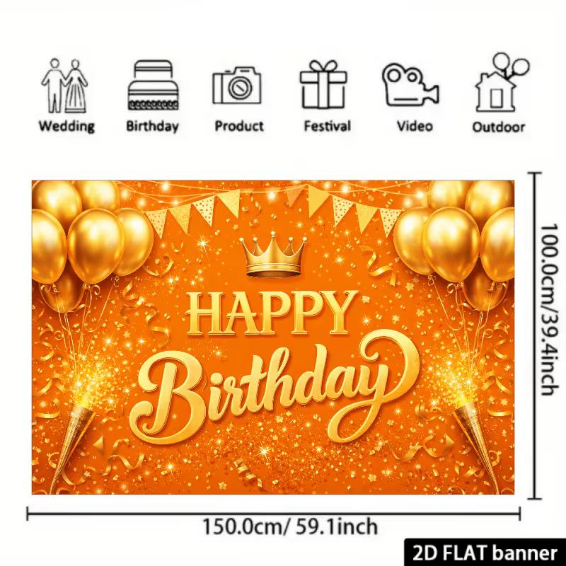 2D königliche Geburtstagsparty Kulisse, Orange Goldene Krone „Happy Birthday“ Fotokabinen Banner