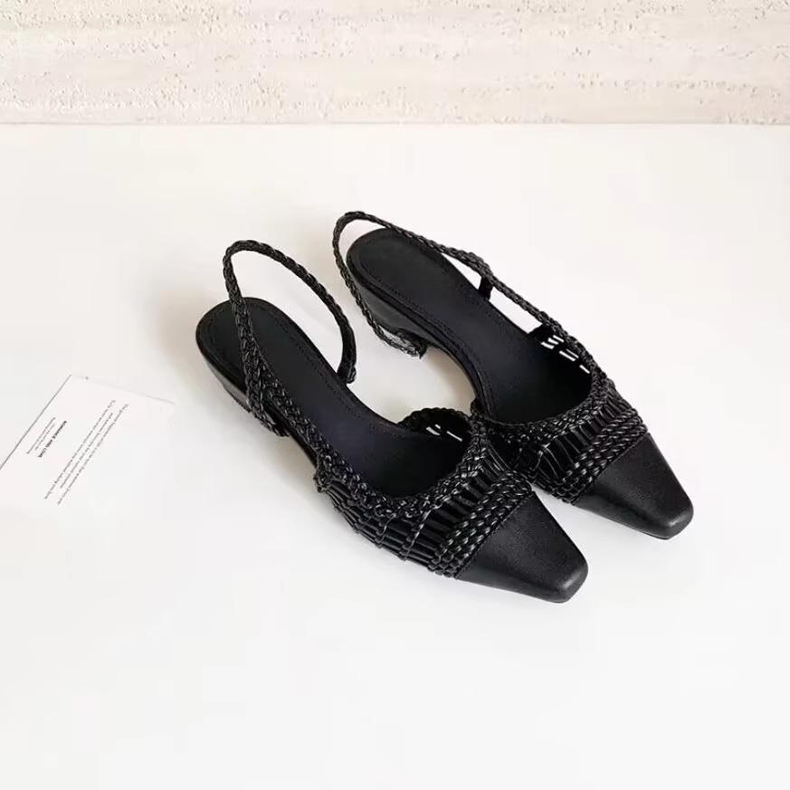 

Sheepskin version~ 2025 new hollow woven small square head thick heel empty splicing bag head sandals women 35 чёрный