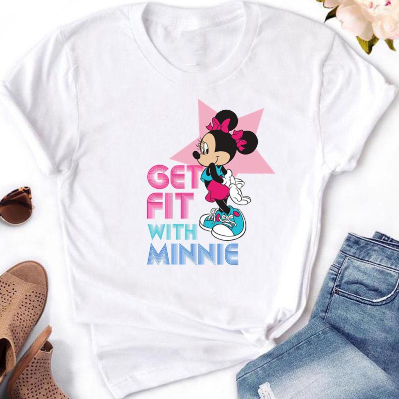 2025 Disney Mickey Minnie Mouse Fashion Print Women White T-shirt Girl Short Sleeve Crew Neck Casual Top for Women's Clothing