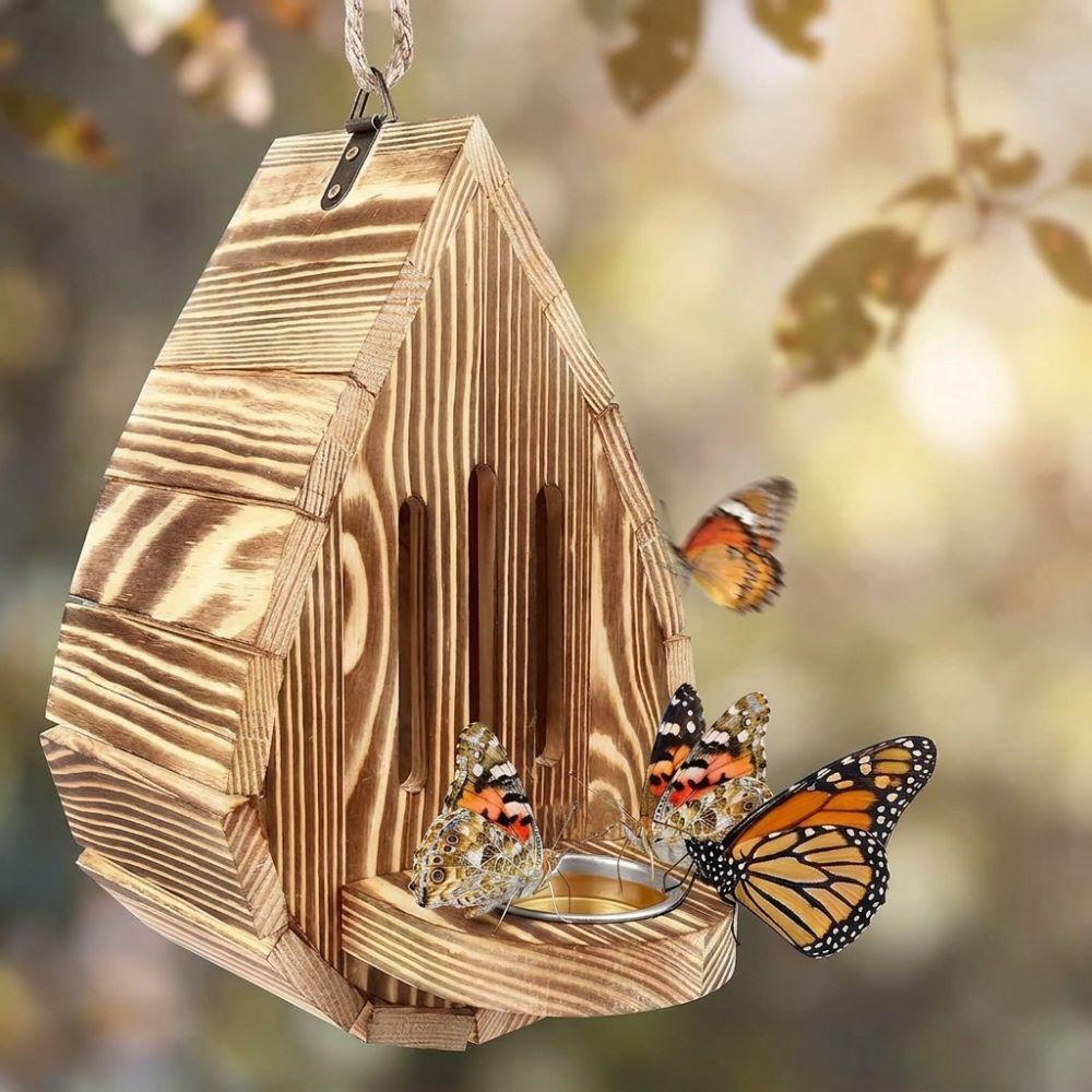 Teardrop Shaped Wood Butterfly Bee House Rustic Natural Shelter Hanging Butterfly Feeder Ventilation Weather-resistant