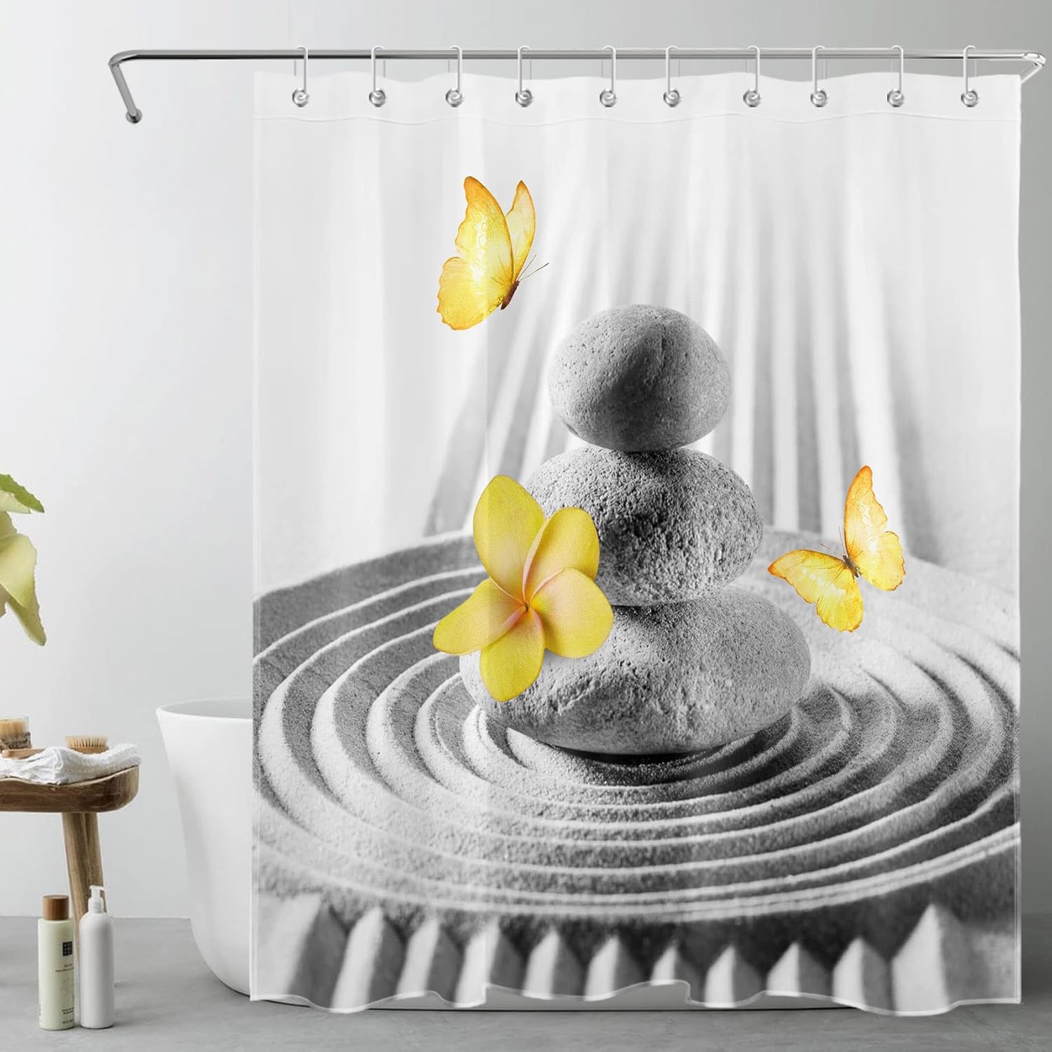 

Zen Shower Curtain Zen Stone Spa Bathroom Curtain Yellow Floral Butterfly Shower Curtains For Bathroom Grey Bathroom Decor With W60H190(CM)-1 Pcs
