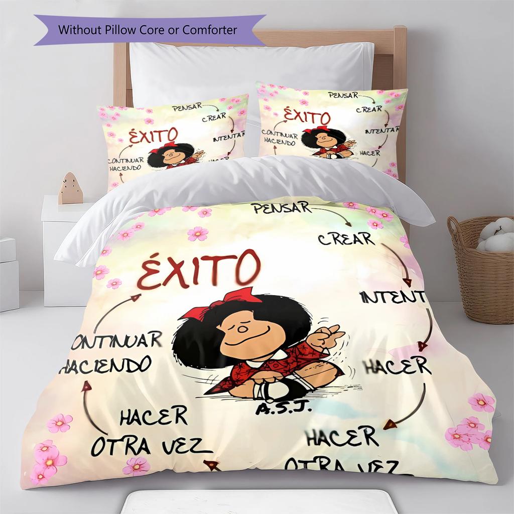 Pościel z wzorem Mafaldy, Zestaw kołdry Poszewka na kołdrę Poszewka na poduszkę Domowy prezent urodzinowy (1 * poszwa na kołdrę + 2 * poszewki na poduszki, bez rdzenia)