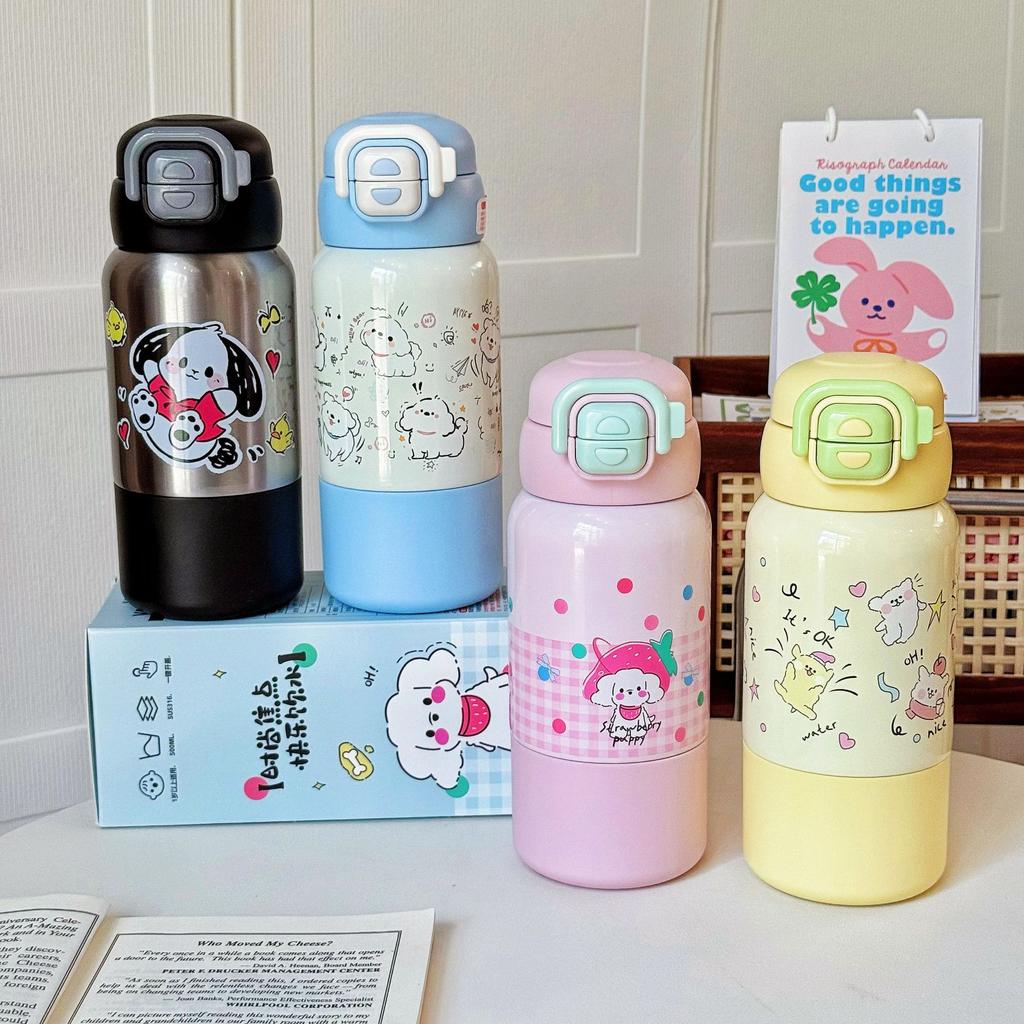 Niedliche Welpen Kinder Thermosbecher 316 Edelstahl Student Doppeltrink-Strohhalmbecher Verdickt Tragbar Tragbar Springbecher