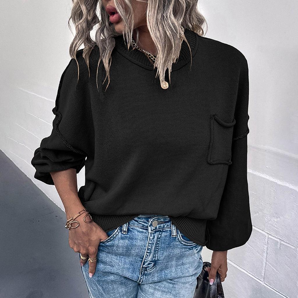 Women's Fashion Temperament Reverse Pocket Solid Color Sleeve Sweater