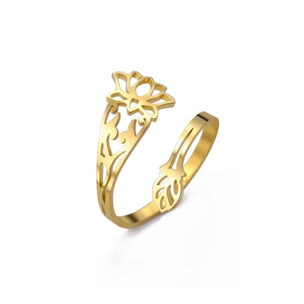 LIKGREAT Bague Fleur de Lotus Bouddhisme pour Femmes Anneaux de Doigt Réglables 2025 Tendance Bijoux en Acier Inoxydable Cadeau d'Anniversaire