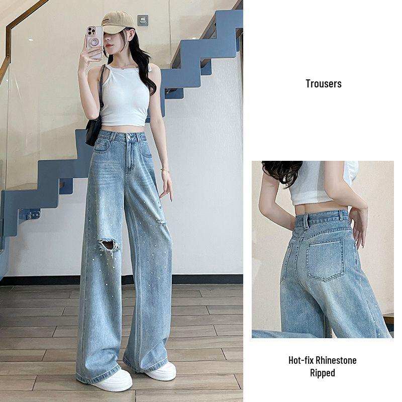 

Spicy Girl Spring/Summer High-Waisted Beaded Ripped Wide-Leg Jeans. XS Recommended for 37-43kg