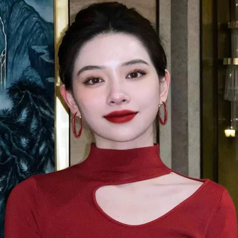 Ankola red round plain ring earrings retro Hong Kong style high-end earrings light luxury temperament versatile earrings