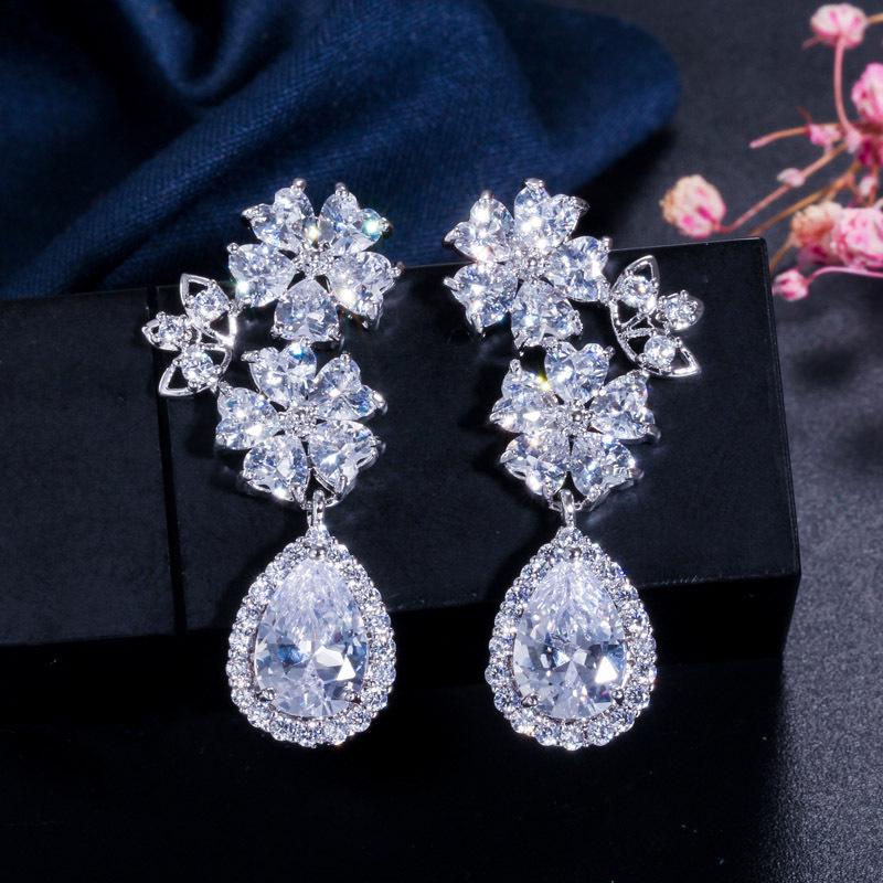 Ej0108 Flower Water Drop Earrings Shine 3A Zircon Ear Clips Bridal Banquet Dress Accessories