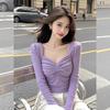 Purple Pleated Short Square Collar Long Sleeve Top for Women In Spring and Autumn New Small Slim and Versatile Shirt