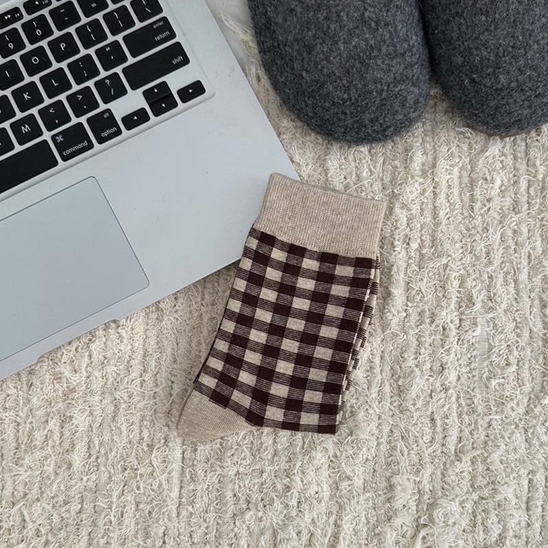 Korean Style Blue & White Plaid Mid-Calf Socks for Women - Academy Style, Perfect for Spring & Autumn, Ideal with Small Leather Shoes