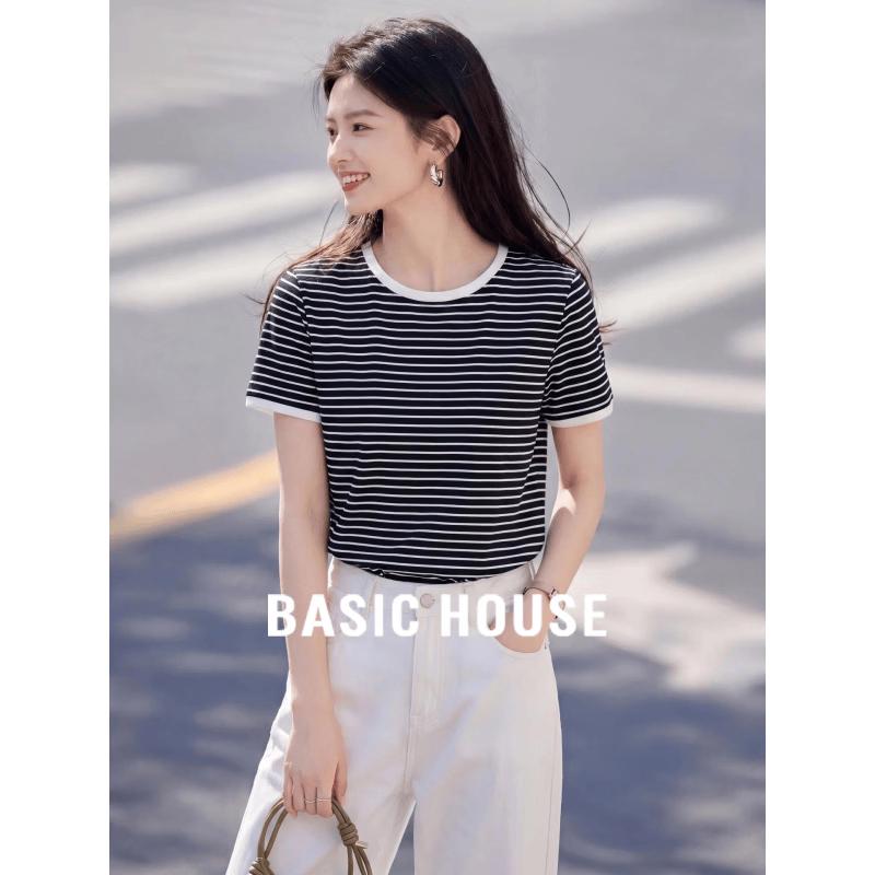 Basic House Women s Striped Round Neck T-Shirt M