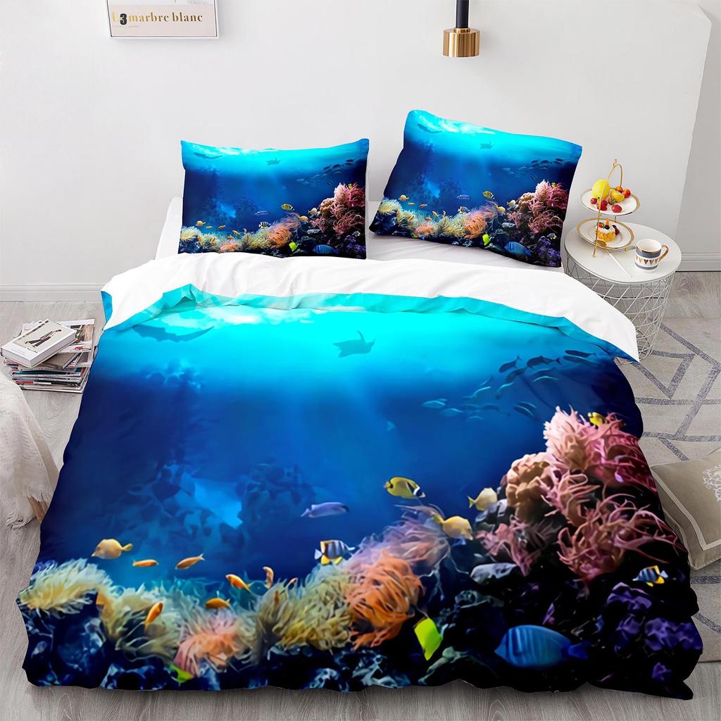 Underwater World King Queen Duvet Cover Cartoon Ocean Animal Bedding Set For Kids Fish Coral Sea Life Soft Polyester Quilt Cover