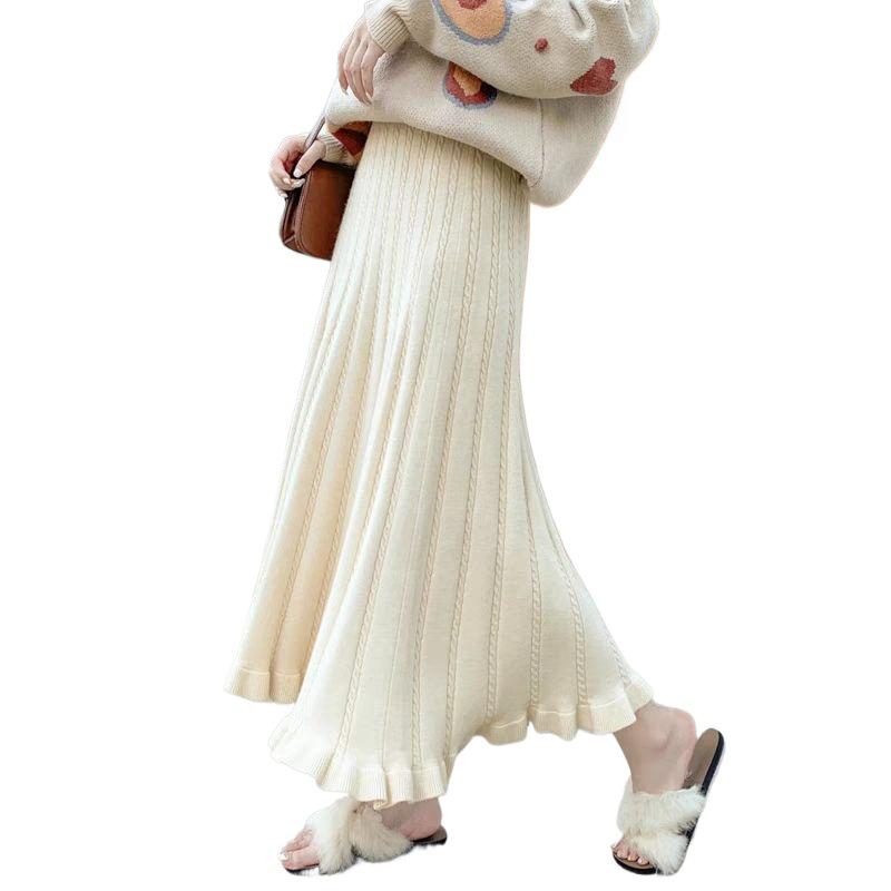 High-Waisted Long Knit Midi Skirt with Inner Layer - Winter & Autumn Style